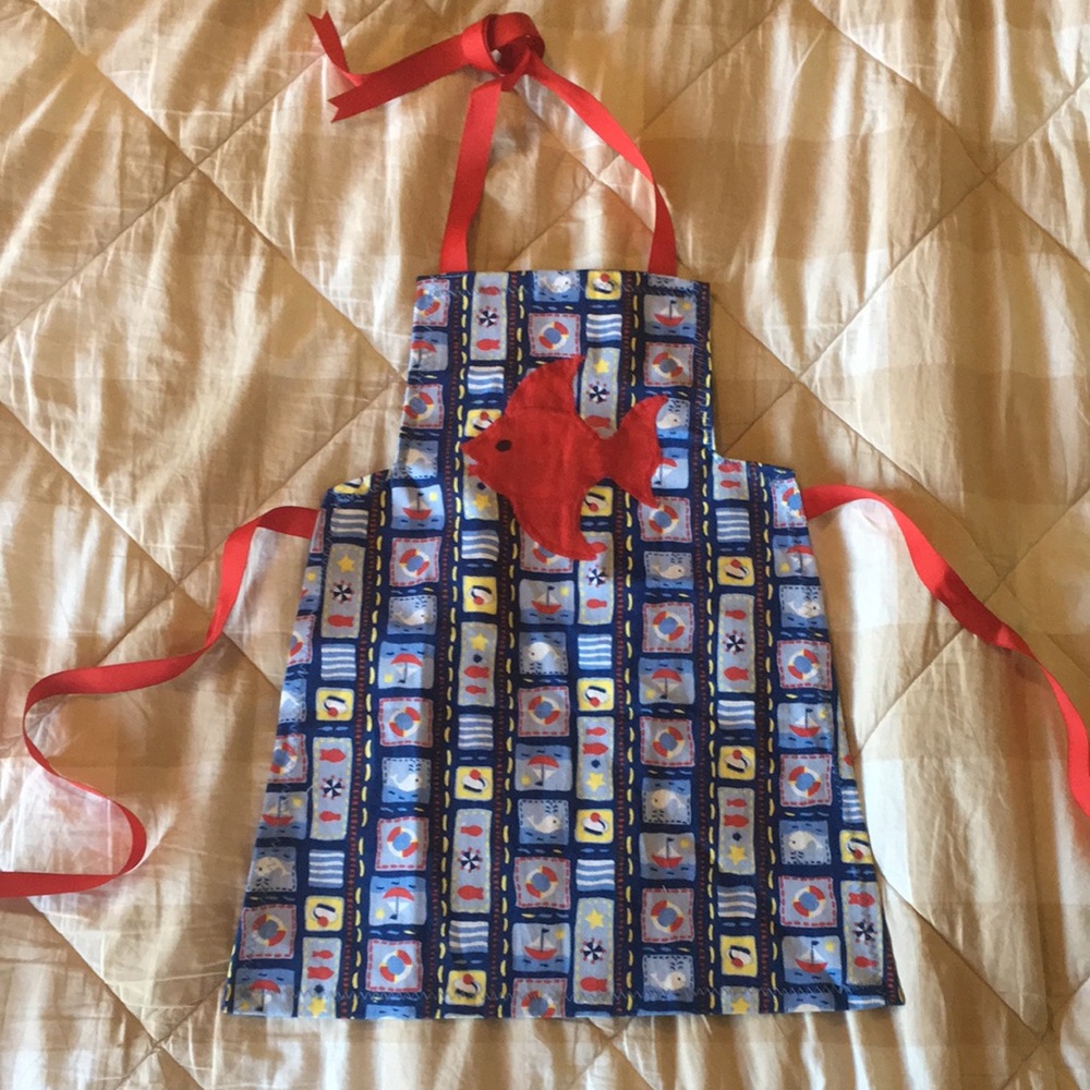 Colorful Toddler Size Fish Apron with Red Ribbon Ties - Picture 1 of 7